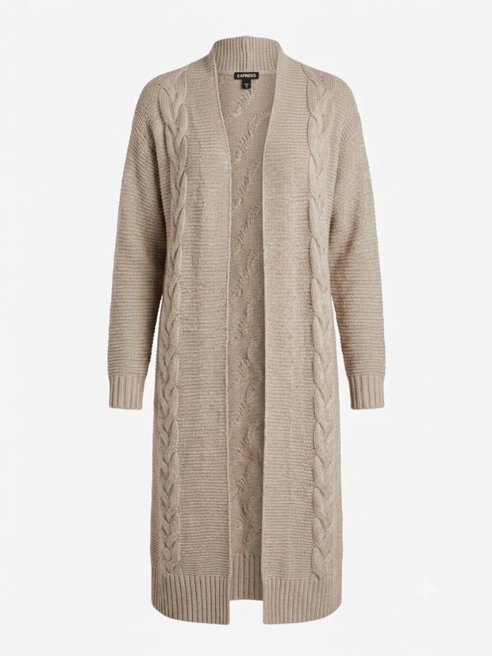 Express Long Cable Knit Duster Cardigan Open Front Oatmeal Taupe XS